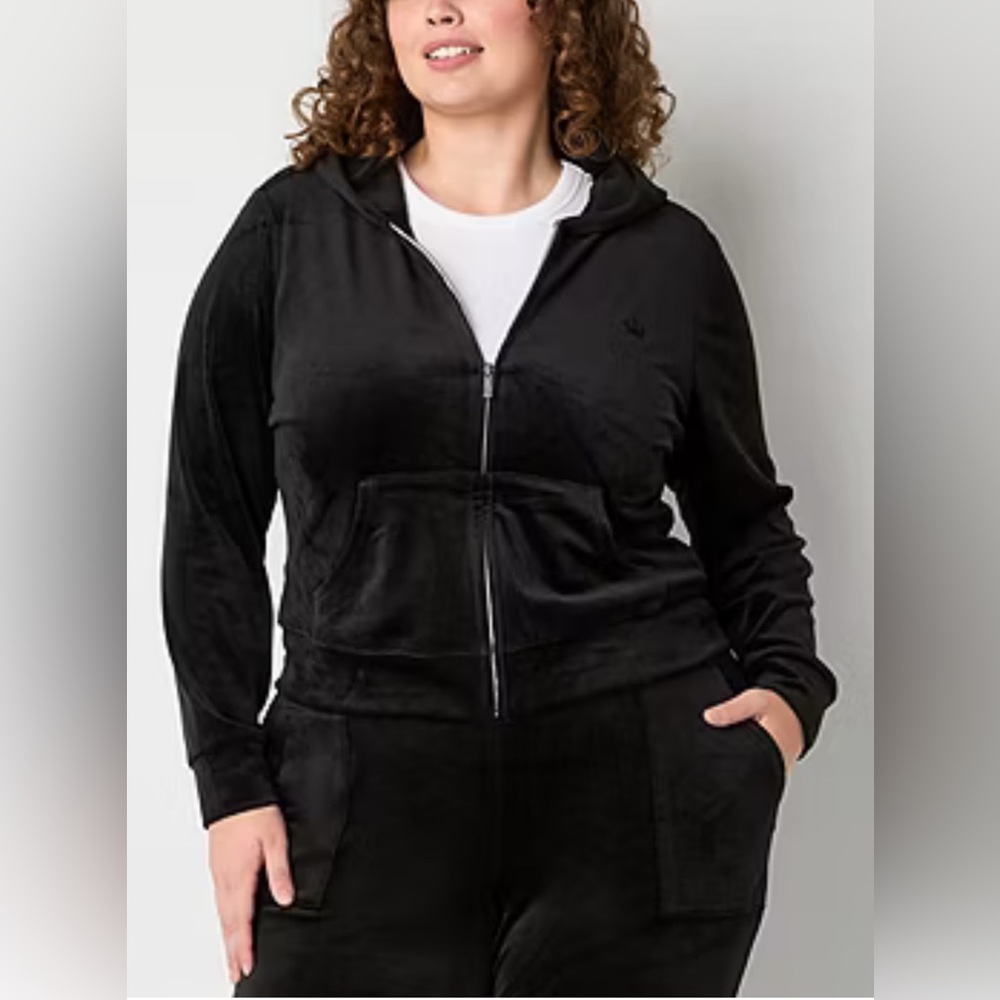 Juicy Couture Black Velour Track Jacket Cozy Zip Hoodie Y2K Classic Casual